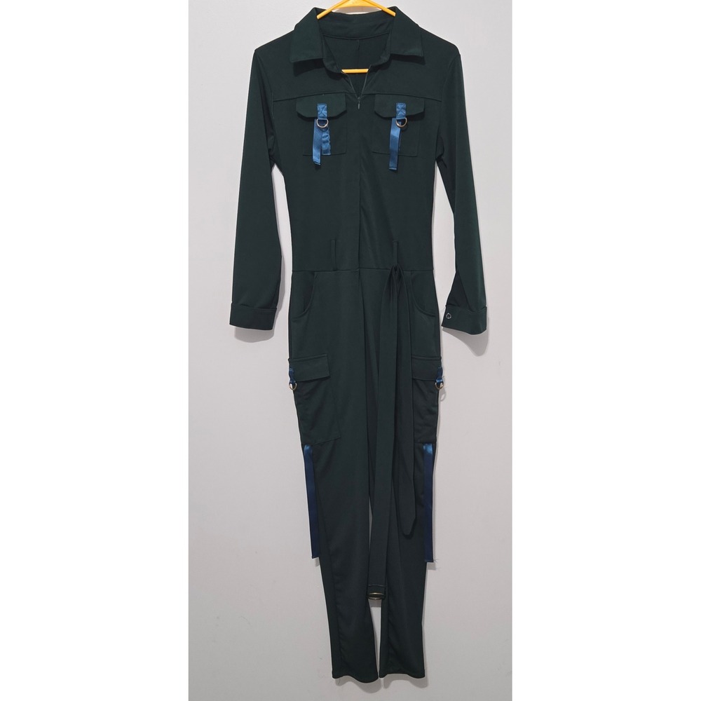 B#91 Women's Dark Green‎ Cargo Jumpsuit Long Sleeve Belted Romper